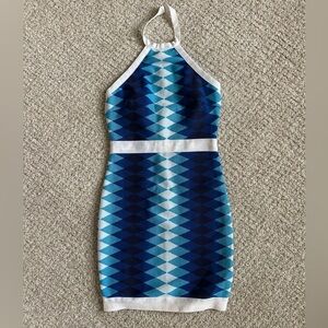 Valiant Paris Blue Geometric Halter Mini Dress with White Trim